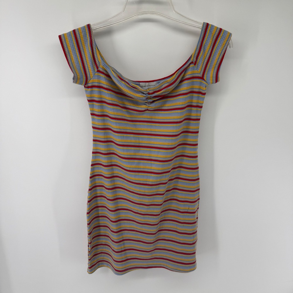 Urban Outfitters Striped Off-the-Shoulder Ribbed Bodycon Mini Dress Blue Red L